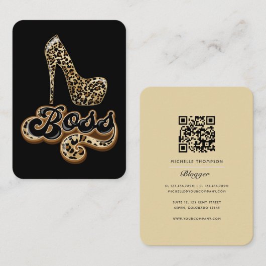 Zwart en Goud Luipaard Baas Dame QR Code Visitekaartje (Voorkant / Achterkant)