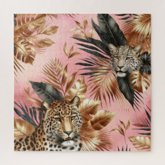 Zwart en goud luipaard Roze achtergrond Legpuzzel
