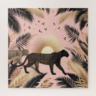 Zwart en goud luipaard Roze achtergrond Legpuzzel