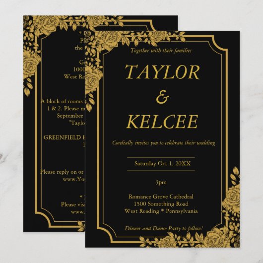 Zwart en Goud Luxe  bruiloft Kaart (Voorkant / Achterkant)