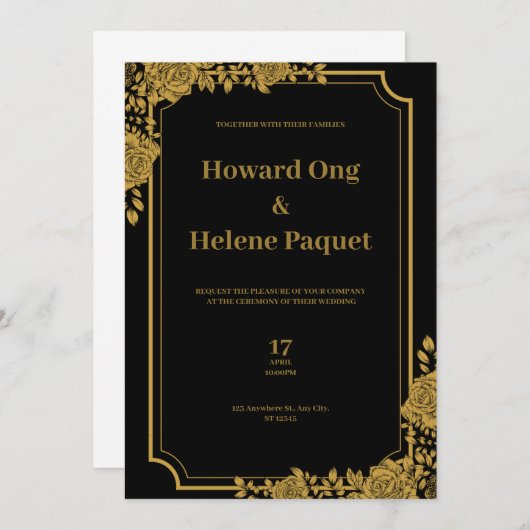 Zwart en goud luxe bruiloft uitnodiging (Voorkant / Achterkant)