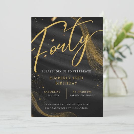 Zwart en goud Luxe Elegant 40e Verjaardagsfeest Kaart (Staand voorkant)