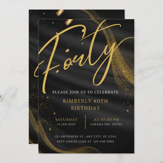 Zwart en goud Luxe Elegant 40e Verjaardagsfeest Kaart (Voorkant / Achterkant)