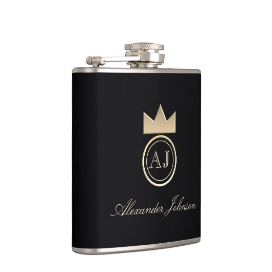 Zwart en goud Luxe Elegant Eenvoudig Monogrammed Heupfles (Rechts)