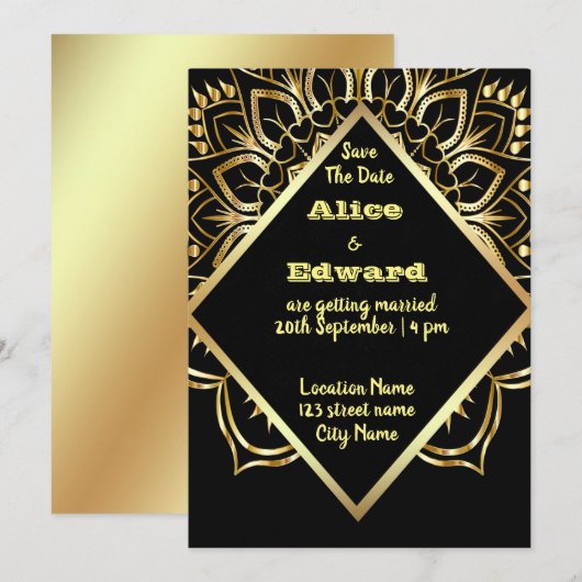Zwart en goud Mandala bruiloft Kaart (Voorkant / Achterkant)