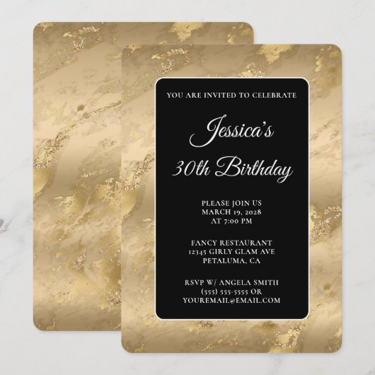 Zwart en goud marmer 30e verjaardag kaart (Voorkant / Achterkant)