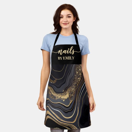 Zwart en goud Marmer Custom Nail Salon Schort (Gedragen)