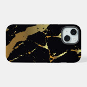 Zwart en goud marmer iPhone 15 case (Achterkant horizontaal)