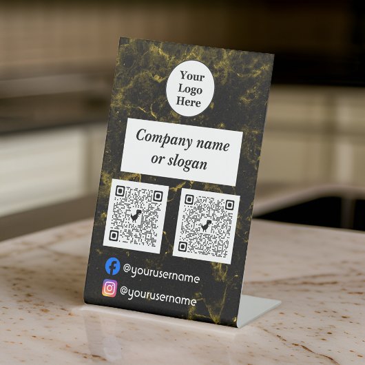 Zwart en goud marmer reclamebord met voetstuk