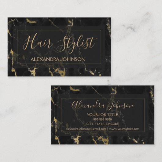 Zwart en Goud Marmer Trendy Hair Stylist Visitekaartje (Voorkant / Achterkant)