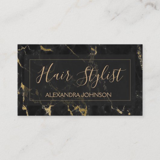 Zwart en Goud Marmer Trendy Hair Stylist Visitekaartje (Voorkant)