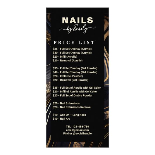 Zwart en Goud Marmeren Nagelsalon Prijslijst Reclamekaart (Voorkant)