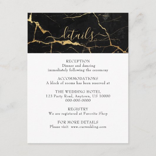 Zwart en Goud Marmeren Ontwerp Bruiloft Informatiekaartje (Voorkant)