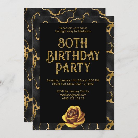 Zwart en goud marmeren patroon verjaardagsfeestje kaart (Voorkant / Achterkant)