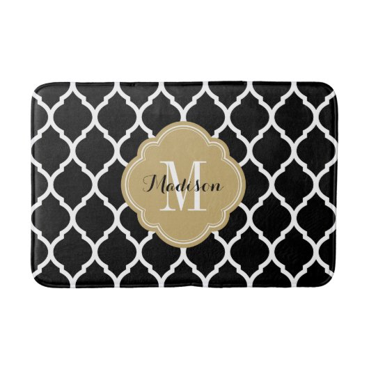 Zwart en Goud Marokkaans Quatrefoil Monogram Badmat (Voorkant)