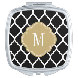 Zwart en Goud Marokkaans Quatrefoil Monogram Make-up Spiegel