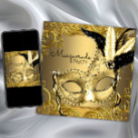 Zwart en Goud Masquerade Party Kaart<br><div class="desc">Zwart en goud maskerade feestuitnodiging met elegant zwart en goud veren masker op een prachtige zwart en gouden wervelachtergrond. Deze mooie en elegante zwart-gouden maskerade feestuitnodiging wordt eenvoudig aangepast voor uw evenement door uw evenementgegevens, letterstijl, lettergrootte & kleur en bewoordingen toe te voegen. Dit is een gedrukt ontwerp zonder echte...</div>