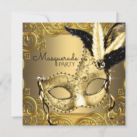 Zwart en Goud Masquerade Party Kaart (Voorkant)