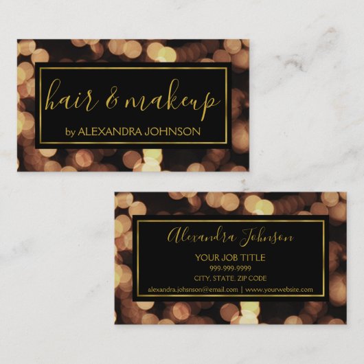 Zwart en goud met moderne bokeh lampen visitekaartje (Voorkant / Achterkant)