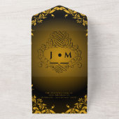 Zwart en goud met monogram all in one uitnodiging (Buitenkant)
