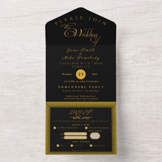 Zwart en goud met monogram all in one uitnodiging (Binnen)