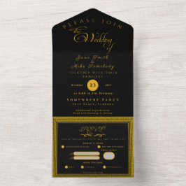 Zwart en goud met monogram all in one uitnodiging