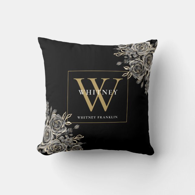 Zwart en goud met monogram bloemen kussen (Voorkant)