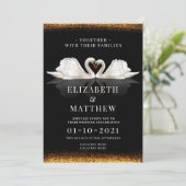 Zwart en goud met swans huwelijk kaart (Staand voorkant)