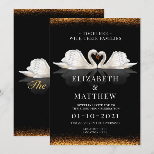 Zwart en goud met swans huwelijk kaart (Voorkant / Achterkant)