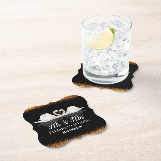 Zwart en goud met swans huwelijk kartonnen onderzetters (Insitu)