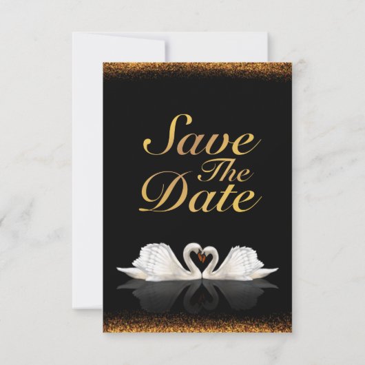 Zwart en goud met swans huwelijk save the date (Achterkant)