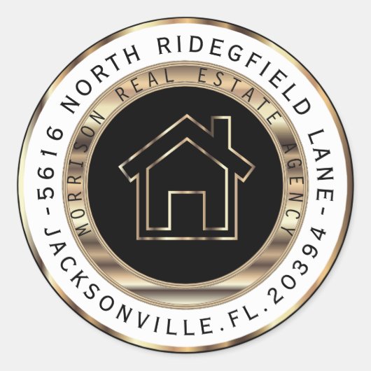 Zwart en Goud Metal Realtor Adresetiketten Ronde Sticker (Voorkant)