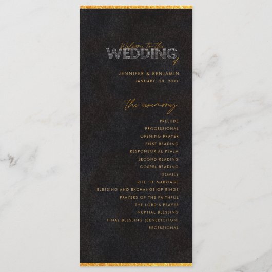 Zwart en goud minimalistisch huwelijksceremonie pr programmakaart (Voorkant)