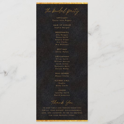 Zwart en goud minimalistisch huwelijksceremonie pr programmakaart (Achterkant)