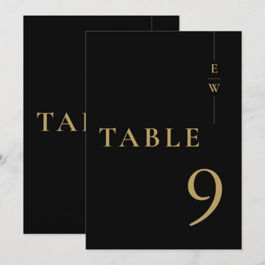 Zwart en goud minimalistisch monogram tafelnummer (Voorkant / Achterkant)