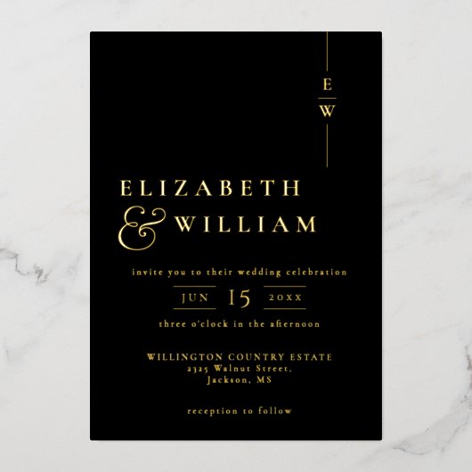 Zwart en goud minimalistische monogram bruiloft folie uitnodiging (Voorkant)