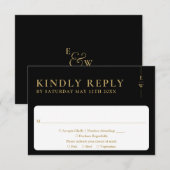 Zwart en goud minimalistische monogram bruiloft RSVP kaartje (Voorkant / Achterkant)