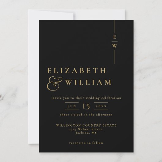 Zwart en Goud Minimalistische Monogram Wedding QR Kaart (Voorkant)