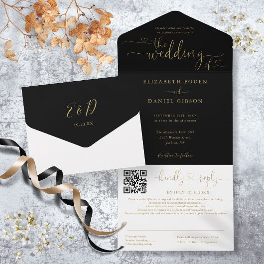 Zwart En Goud Minimalistische Script QR Code Trouw All In One Uitnodiging
