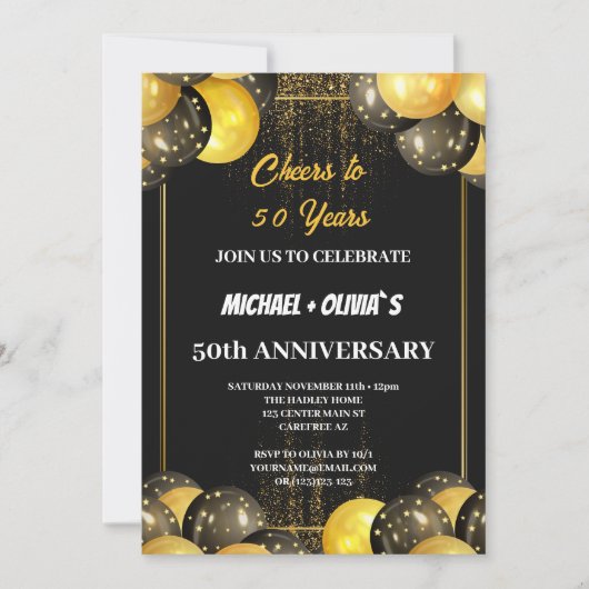Zwart en Goud Modern 50e Jubileum Invitation Kaart (Voorkant)