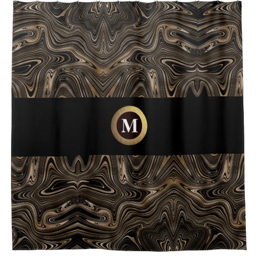 Zwart en goud modern abstract wervelmonogram douchegordijn (Voorkant)