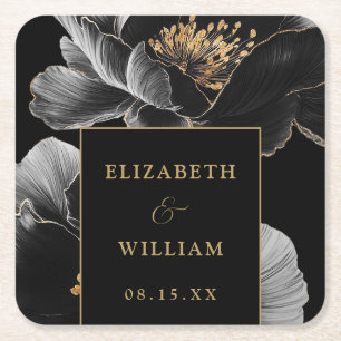 Zwart en goud modern bloemig elegant chic bruiloft kartonnen onderzetters