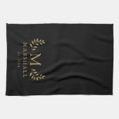 Zwart en Goud Modern Bloemmonogram Familienaam Theedoek (Horizontaal)