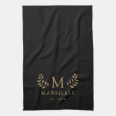 Zwart en Goud Modern Bloemmonogram Familienaam Theedoek (Verticaal)