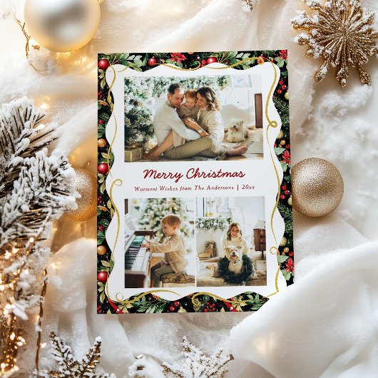 Zwart en goud Modern Botanische Kerstmis 3 Foto Feestdagenkaart