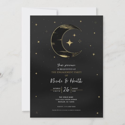 Zwart en goud Modern Celestial Moon Star Verloving Kaart (Voorkant)