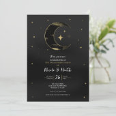 Zwart en goud Modern Celestial Moon Star Verloving Kaart (Staand voorkant)