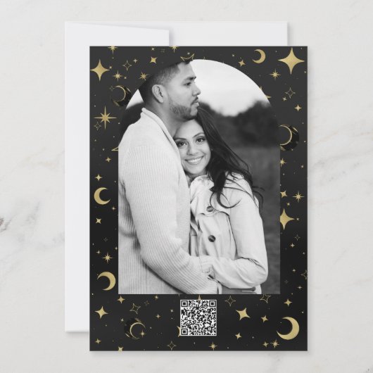 Zwart en goud Modern Celestial Moon Star Verloving Kaart (Achterkant)