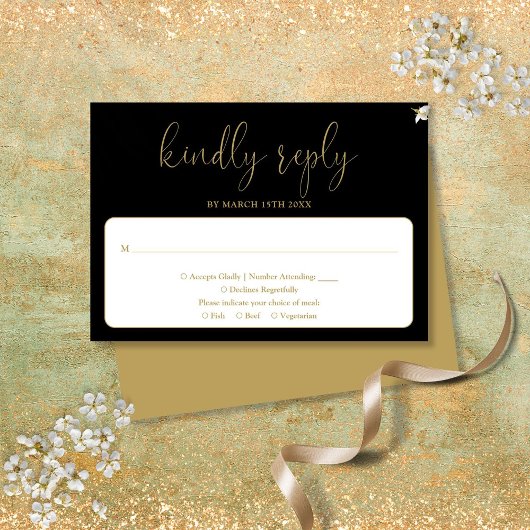 Zwart en goud Modern Chic Elegant Script Wedding RSVP Kaartje
