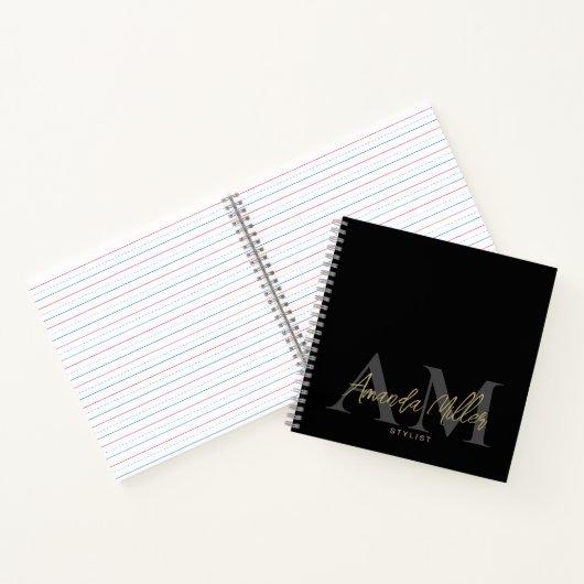 Zwart en Goud Modern Custom Monogram Minimalist Notitieboek (Binnen)